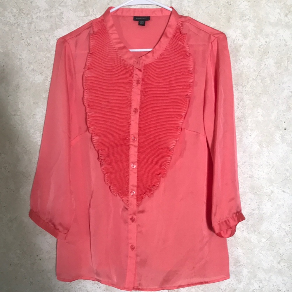Vintage Piano Coral button front ruffled poly blouse